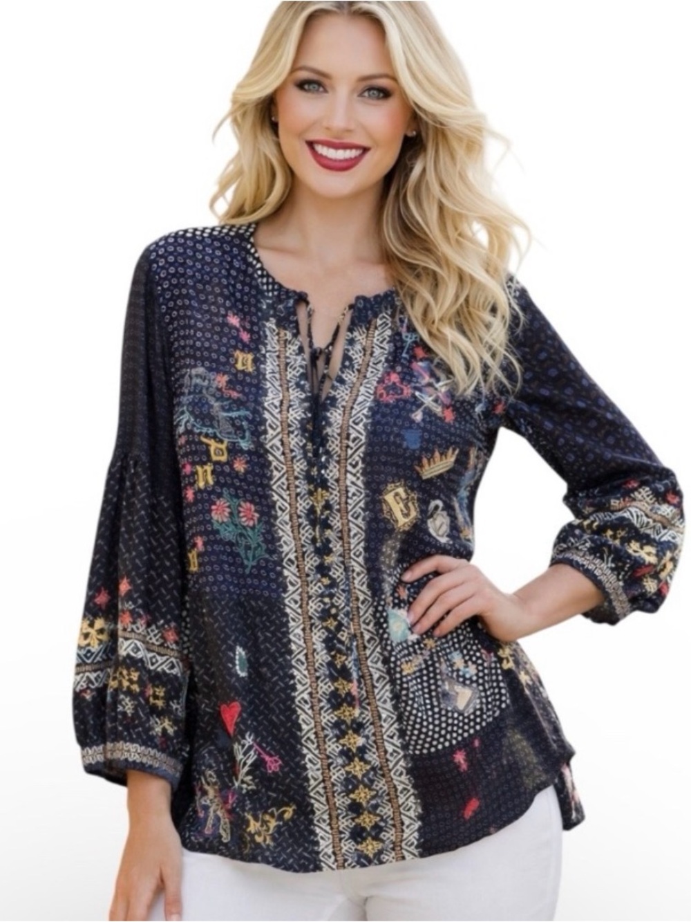 Johnny Was Biya Alice in Wonder Blouse Heavily Embroidered 100% Silk